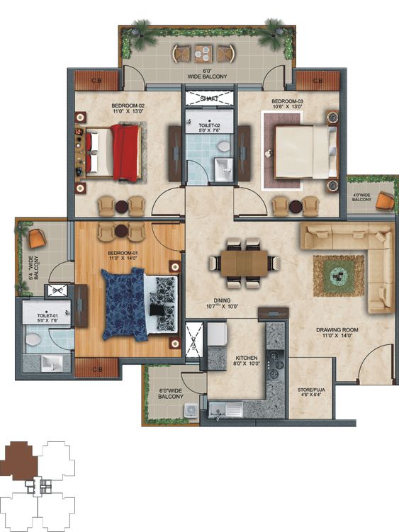 3BHK Luxury flat floor plan