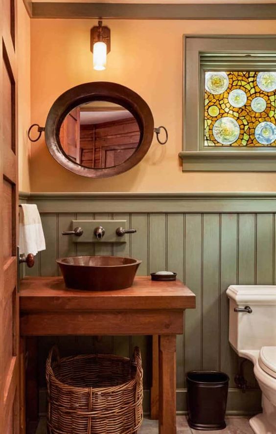 A Farmhouse-Style Bathroom with Unique Shades