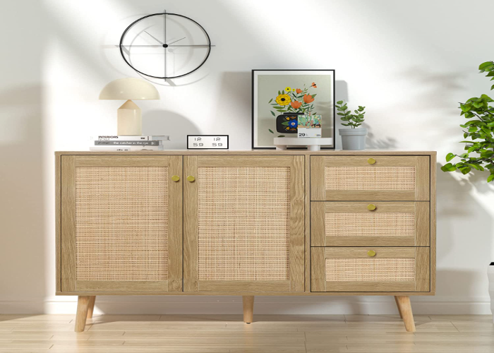 Anmytek Rattan Storage Cabinet with 2 Doors and 3 Drawers