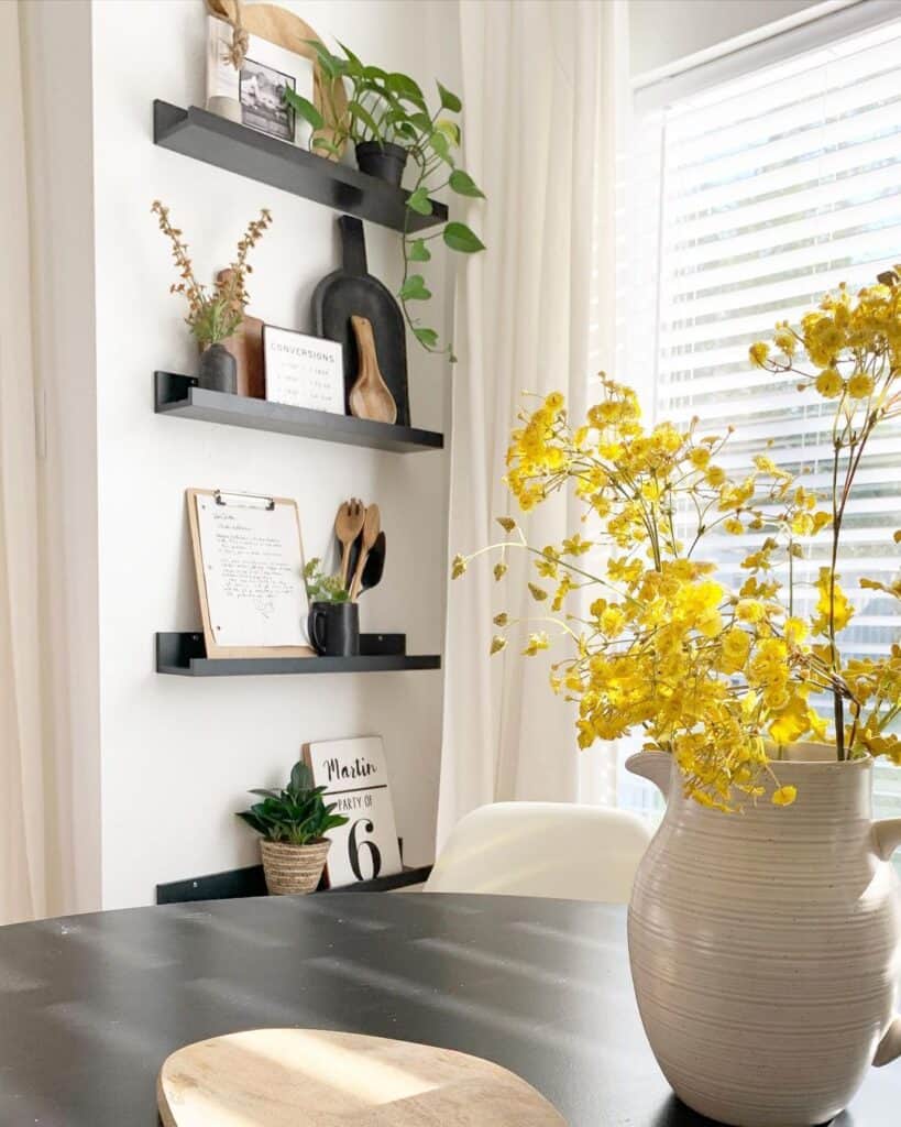 Black Floating Shelves In The Dining Room