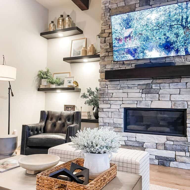 Black Floating Shelves in a Living Room with Lights