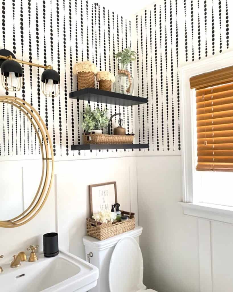 Black Floating Shelves with Black Stencilled Wall