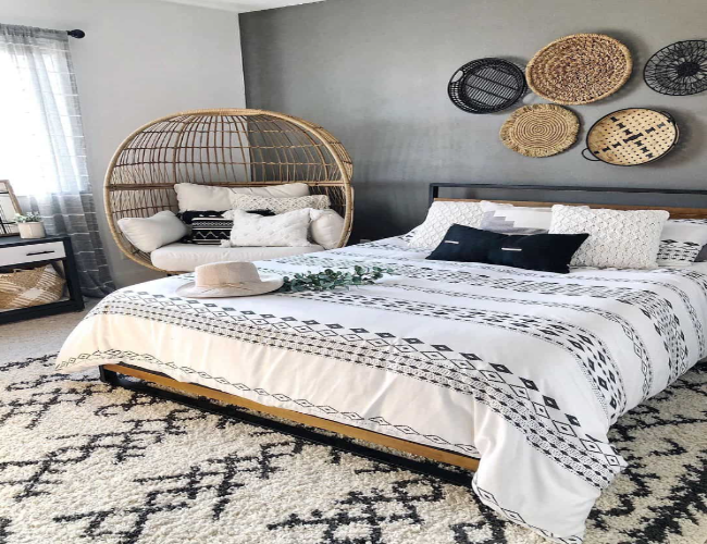 Black and Brown Wicker Baskets on a Gray Wall