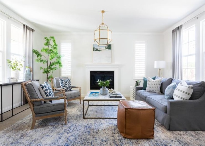 Grey Slipcovered Couch with Coffee Table