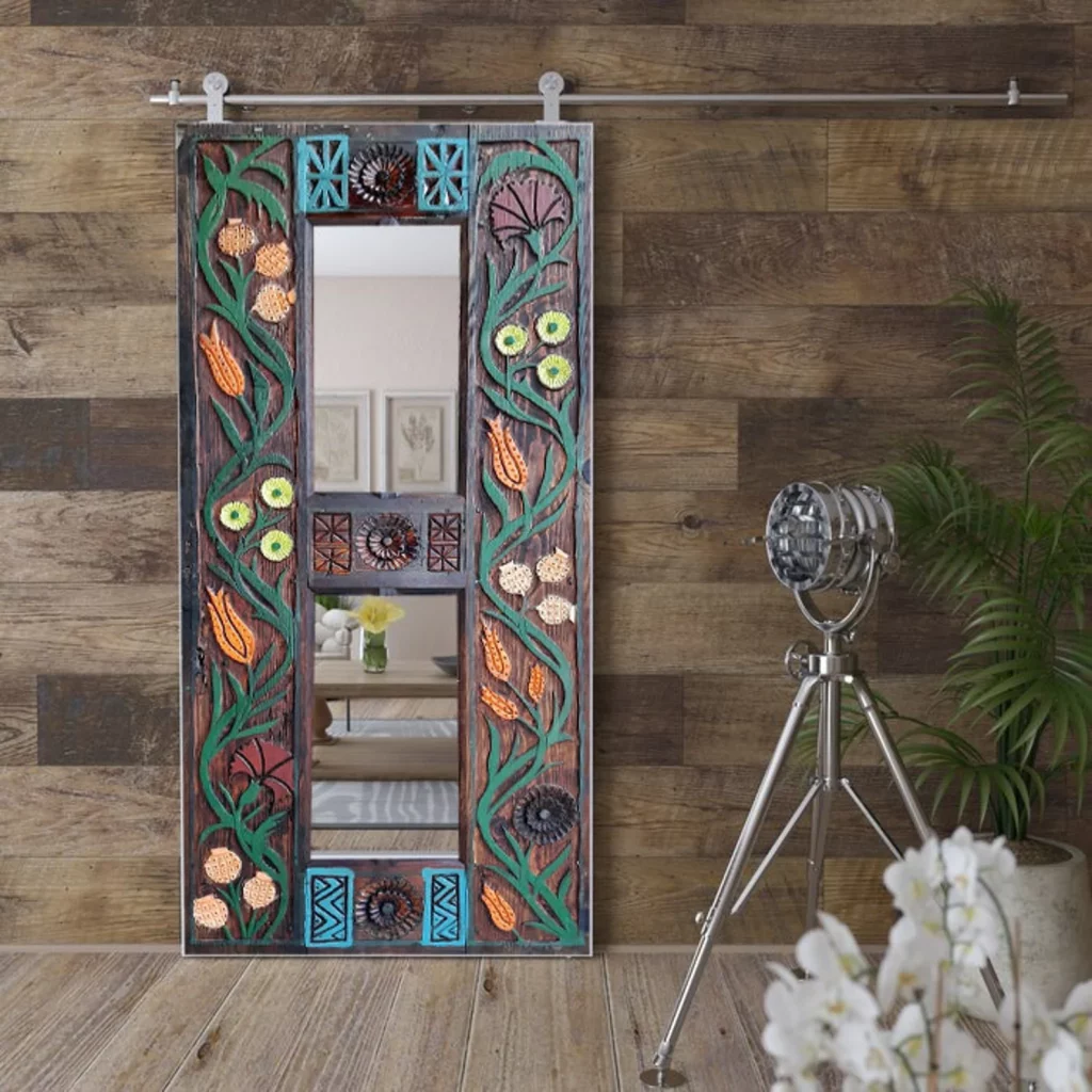 Hand Carved and Painted Mirror Barn Door