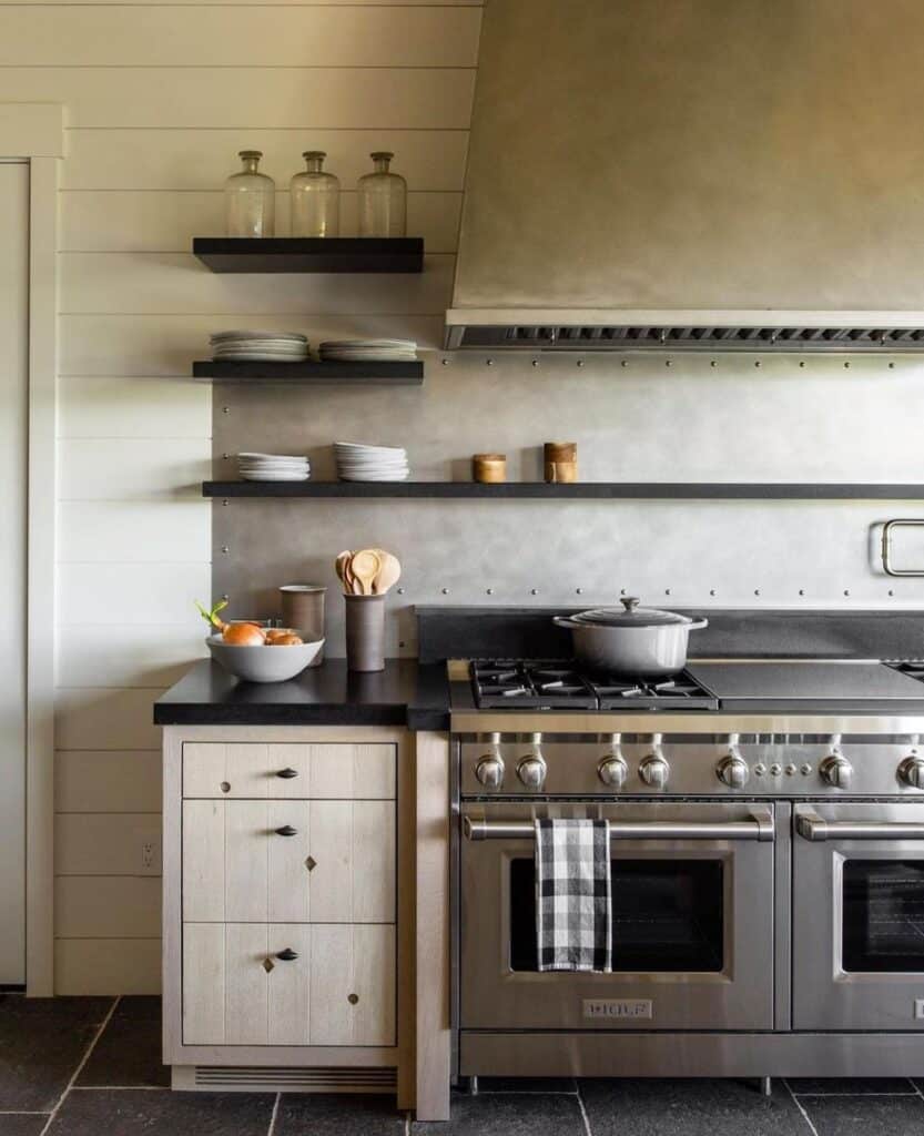 Kitchen With Black Floating Shelves