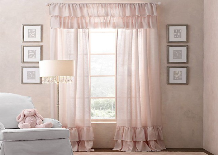 Light Pink Ruffled Bay Window Drapery Ideas