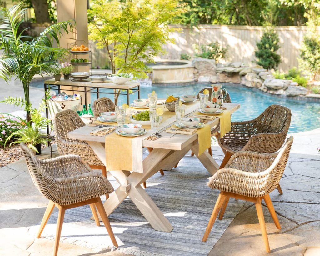 Nautical Teak Outdoor Dining Table with Rattan Chairs