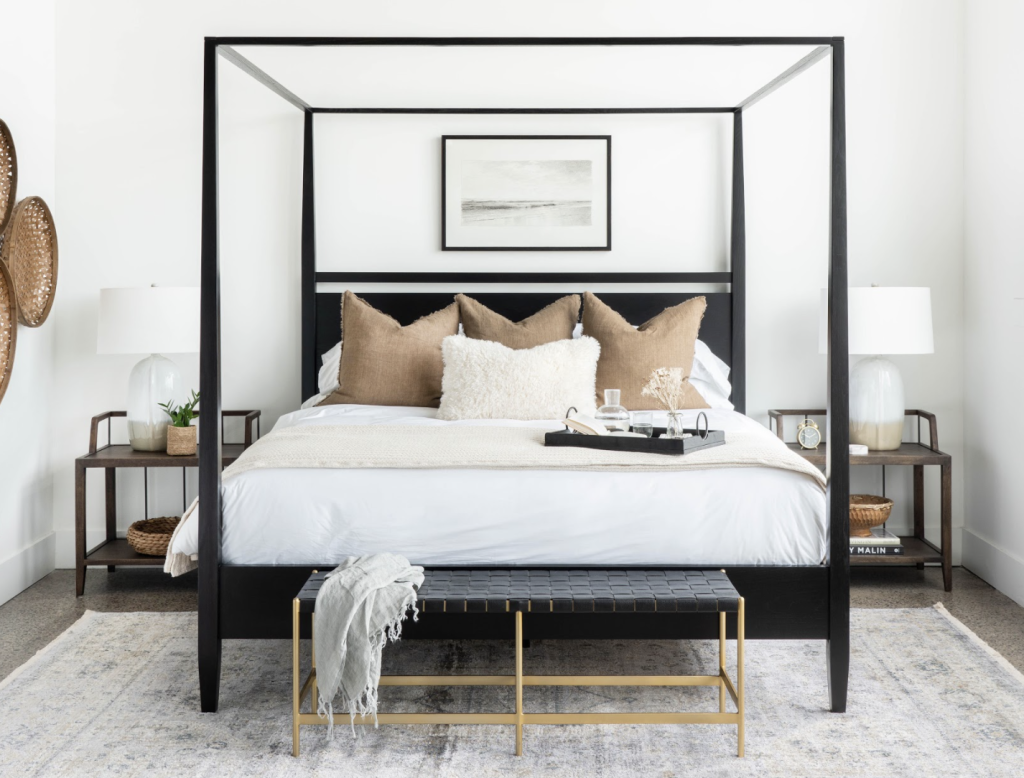 Black Bed Frame Full Size with White and Beige Bedding