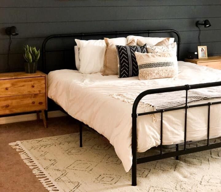 Black Frame Bed with Wooden Side Tables