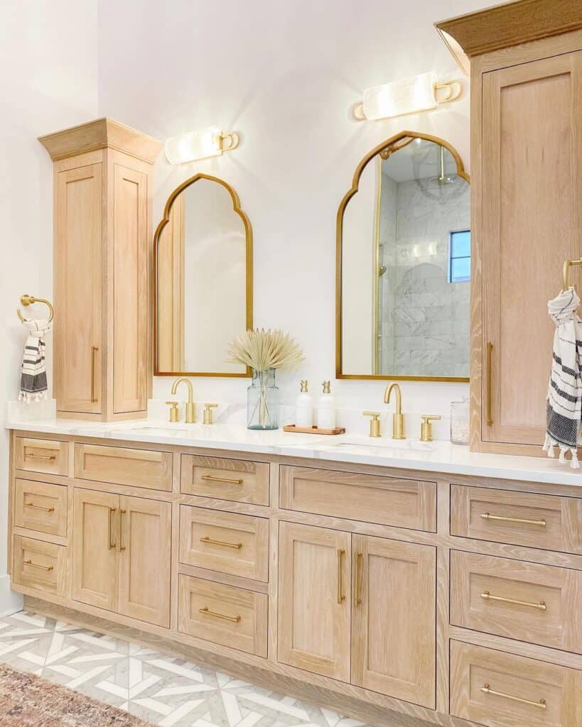 Double Natural Wood Vanity With Gold Hardware