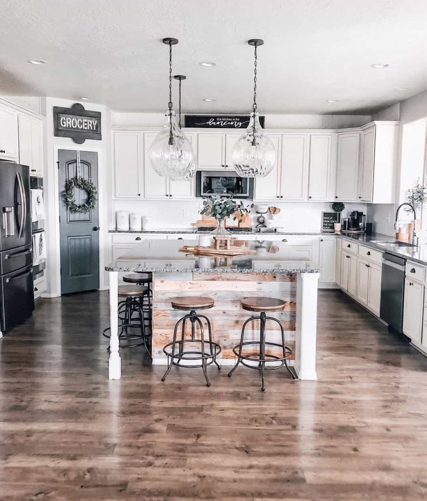 Kitchen Island with Granite Countertop and Wooden Stools