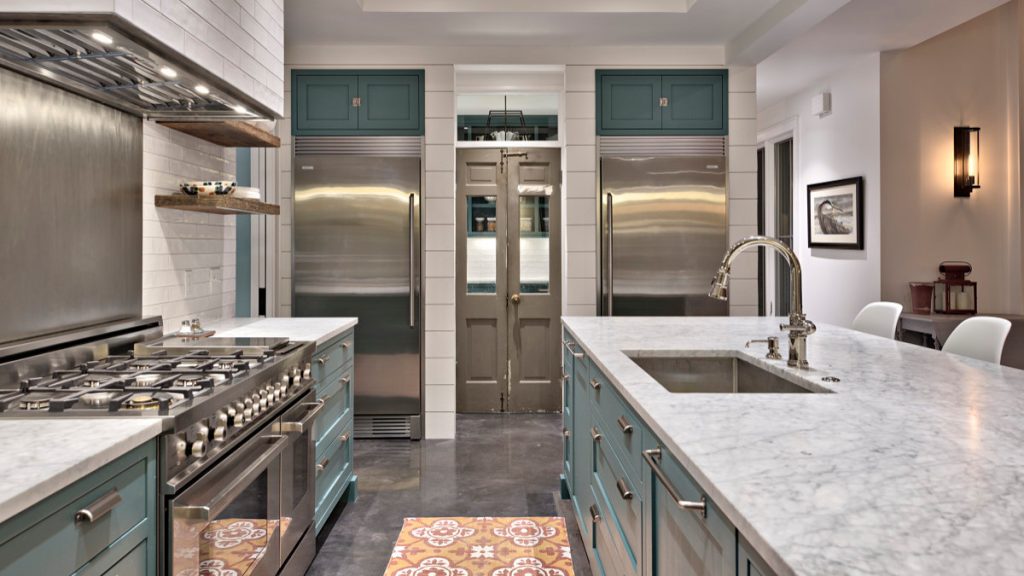 Large Farmhouse Kitchen with Concrete Stained Floor