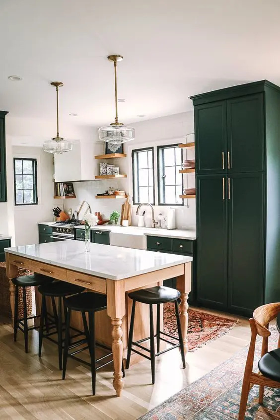 Multipurpose Kitchen Island with Black Vintage Stools