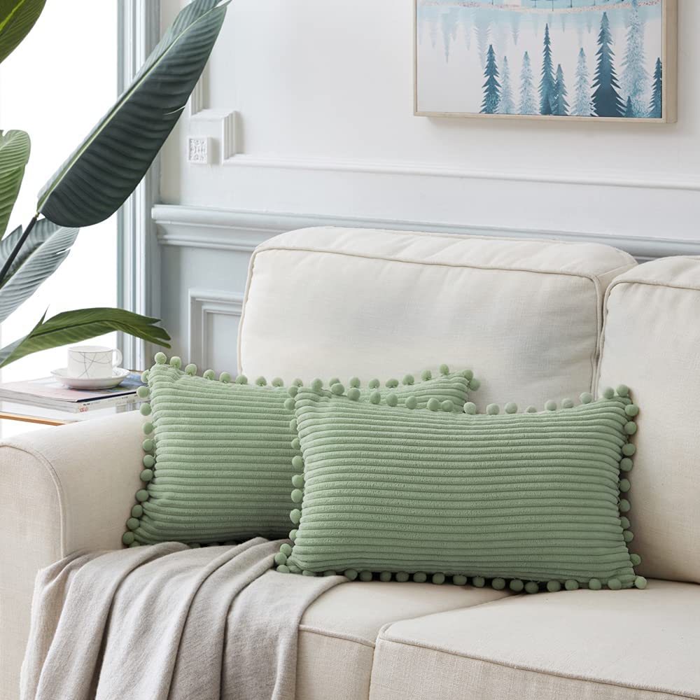 Sage Green Lumbar Decorative Pillow Case with Pom Poms