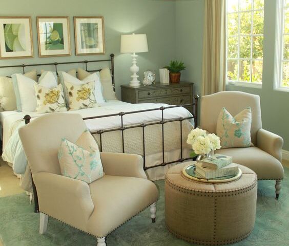 Sage Green, White, and Cream Bedroom