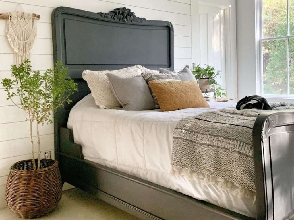 Shiplap Room with Black Bed Frame
