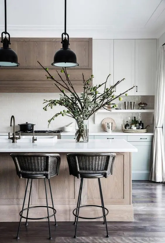 Stained Kitchen Islands and Woven Stools