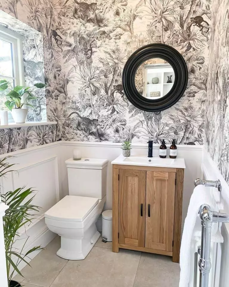 Wallpaper Bathroom with Natural Wood Vanity
