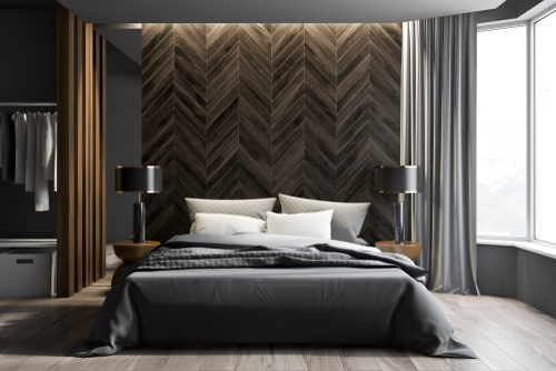 Interior,Of,Modern,Bedroom,With,Gray,And,Dark,Wooden,Walls,