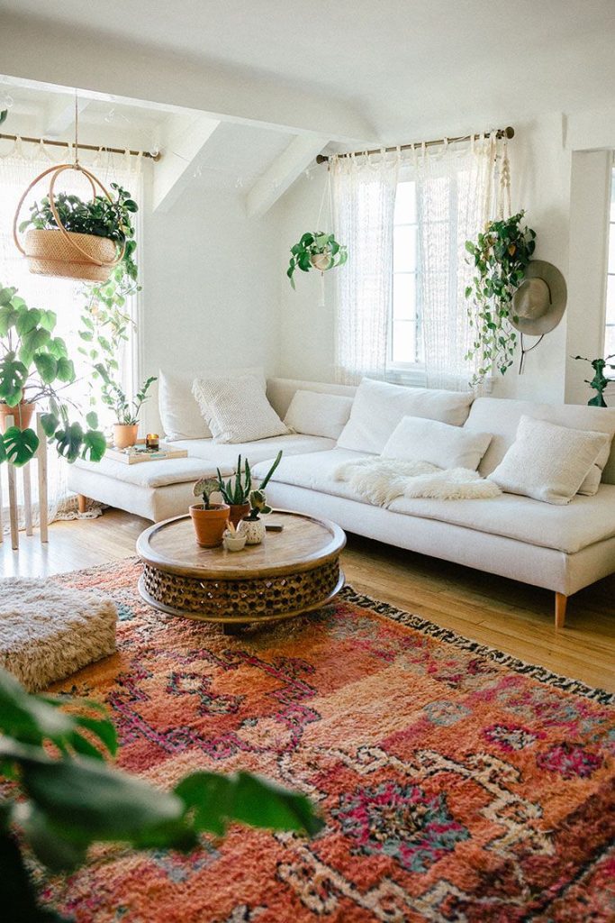 White Living Room with Colorful Carpet
