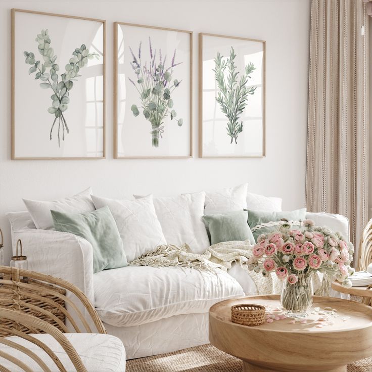 White and Cream Living Room with Light Wood Furniture